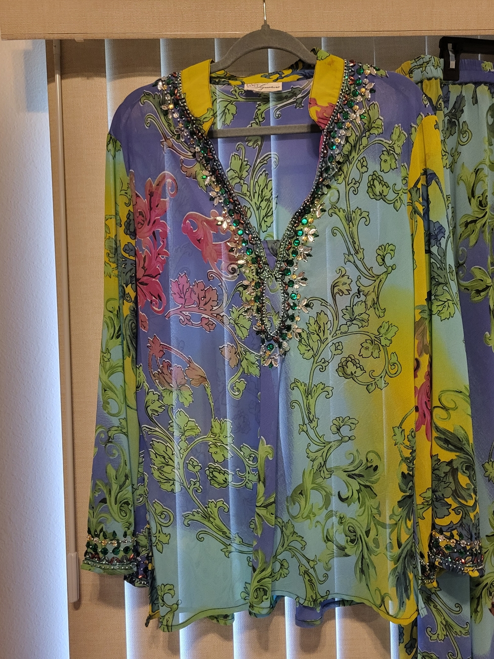 Ey  Signature Embellished Baroque Sheer Blouse And Skirt— Yellow, Blue, Green